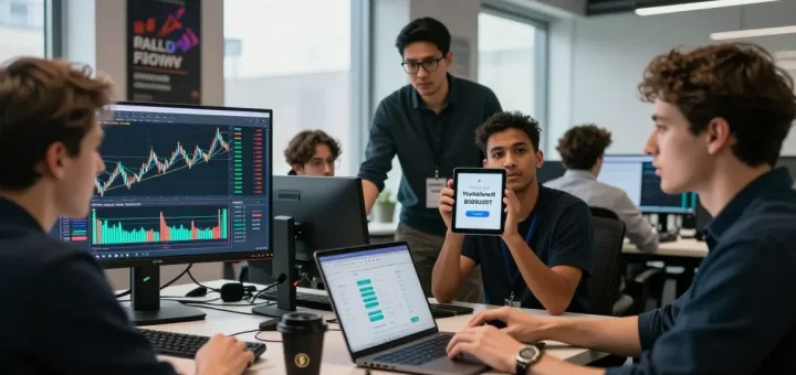 Traders discussing the Hyperliquid referral code (8000USDT) in a modern finance office, surrounded by cryptocurrency charts.