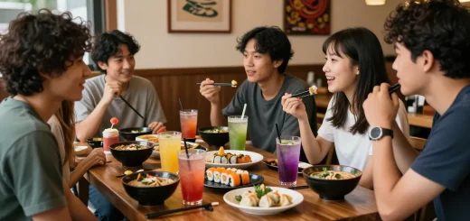 Diverse group enjoying Asian cuisine at https://hanadultalk.com, creating a warm cultural experience.
