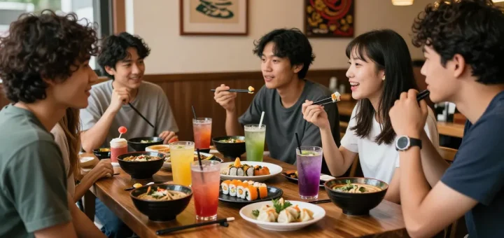 Diverse group enjoying Asian cuisine at https://hanadultalk.com, creating a warm cultural experience.