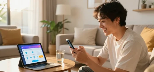 Engaging scene of a user conducting a mango live top up on a smartphone amidst a cozy living room.
