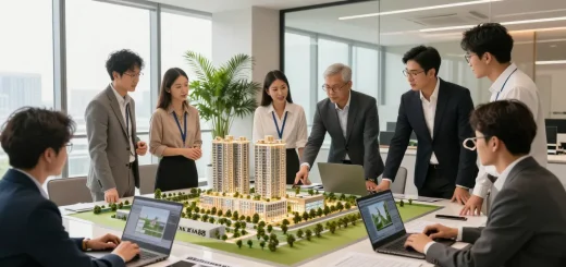 Professionals collaborating on MANTRA88 commercial property design, highlighting modern planning elements.
