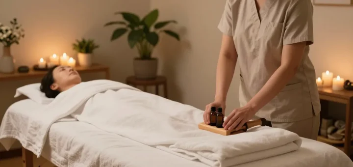 마포출장안마 service preparation in a tranquil spa environment with calming decor and aromatherapy.