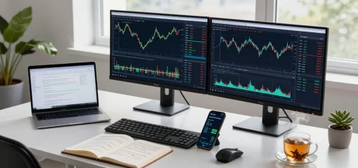 Professional trader analyzing mt5 on dual monitors in a modern workspace.
