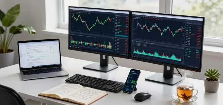 Professional trader analyzing mt5 on dual monitors in a modern workspace.