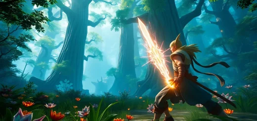 Dynamic scene from the yono game featuring a hero in combat within a vibrant fantasy forest.