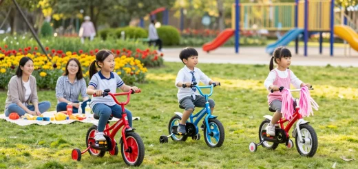 Children joyfully riding the best kids tricycles in a sunny park.