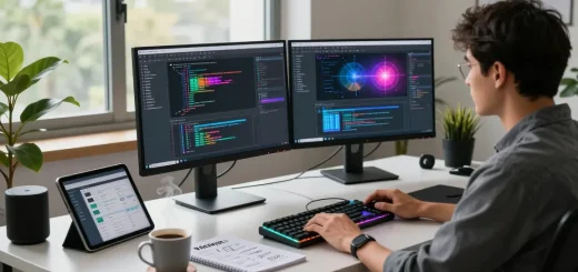 Developer utilizing NAGA2000 in a modern tech workspace with dual monitors and a vibrant atmosphere.