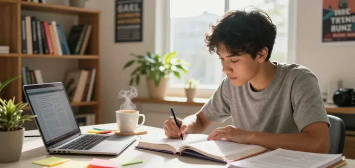 Engaged student studying in a cozy home study room for 2026 ijmb runz preparation, highlighting notes and using a laptop.