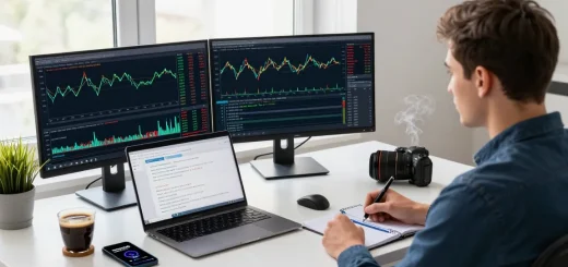 Trader using mt4 platform with multiple monitors for forex trading analysis, featuring real-time charts and technical indicators.