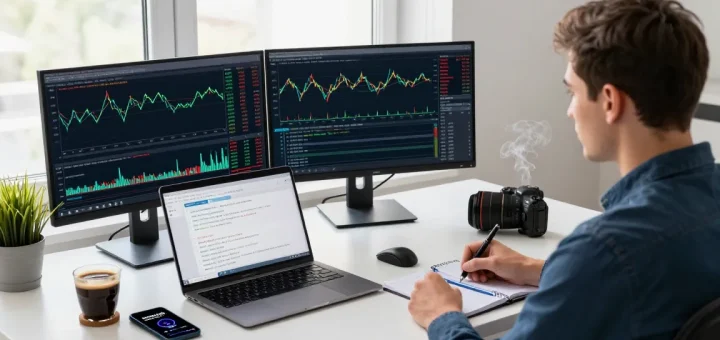 Trader using mt4 platform with multiple monitors for forex trading analysis, featuring real-time charts and technical indicators.