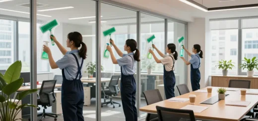 Professionelles Reinigungsteam der Gebäudereinigungsfirma Dortmund bei der Fensterreinigung in modernem Büro.