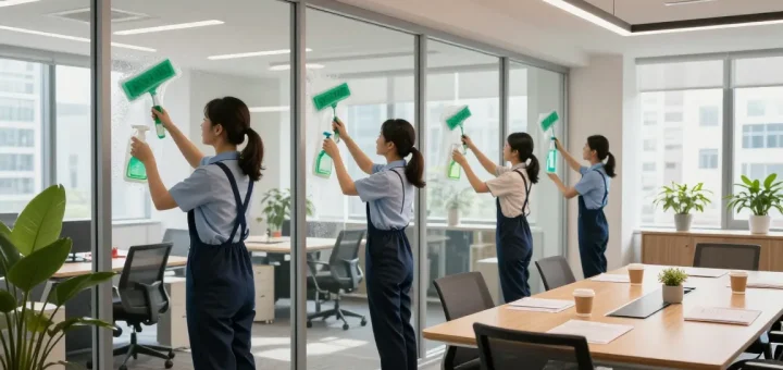 Professionelles Reinigungsteam der Gebäudereinigungsfirma Dortmund bei der Fensterreinigung in modernem Büro.