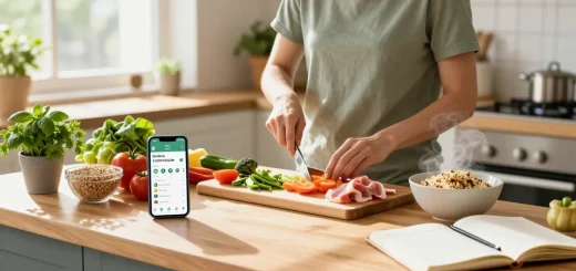 Individual joyfully preparing a nutritious meal, showcasing the best calorie tracker app for healthy cooking.
