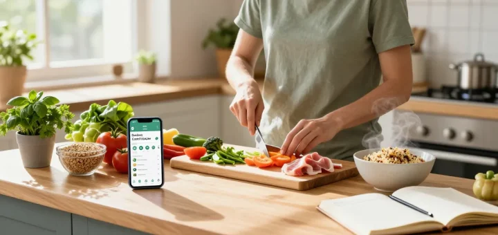Individual joyfully preparing a nutritious meal, showcasing the best calorie tracker app for healthy cooking.