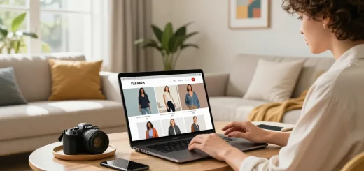 Engaging lifestyle scene showcasing a stylish individual browsing FAFA828 products on a laptop in a modern living room.