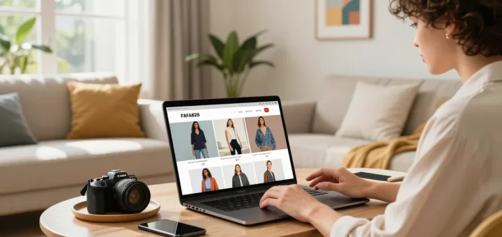 Engaging lifestyle scene showcasing a stylish individual browsing FAFA828 products on a laptop in a modern living room.