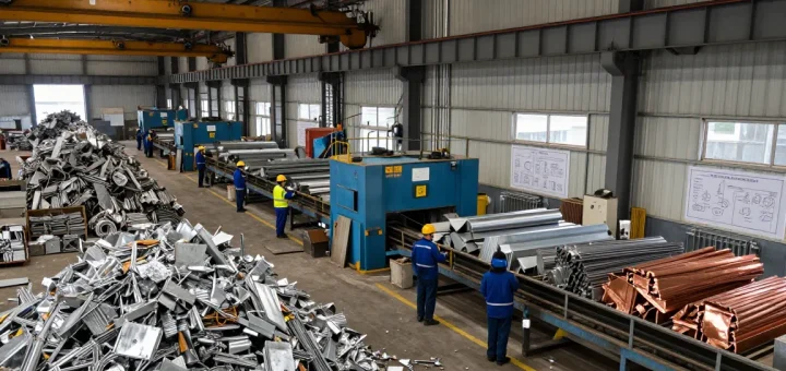 Lingkungan industri di https://www.scrapsolutionplace.com/ dengan pekerja memilah logam bekas yang berkualitas tinggi.