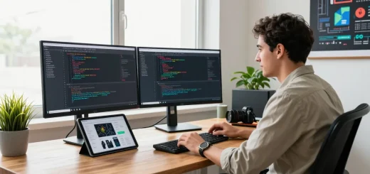NAGA2000 coding workspace with developer focused on interfaces and multitasking in a bright modern setting.