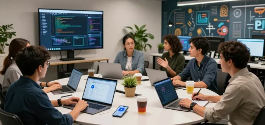 Developers discussing NAGA2000 application features in a vibrant office.