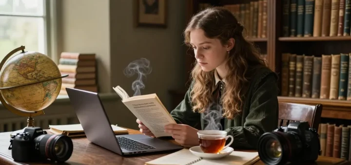 Engaging reading experience at https://tyntescastle.com with a young woman in a library, exploring historical narratives.