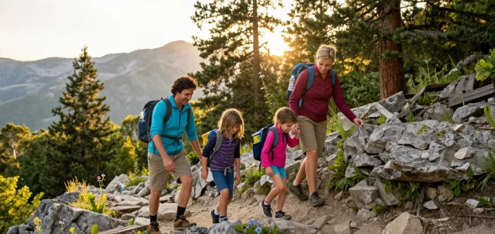 A family adventure at a mountain trail, showcasing mantra88 spirit of exploration and connection with nature during sunset.