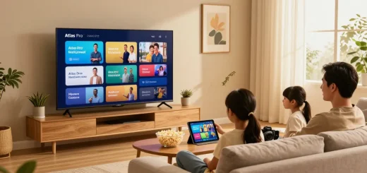 Family enjoying Atlas Pro ONTV on a smart TV in a cozy living room setting.