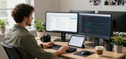 Innovative workspace featuring RTIscheduler.co.uk software on dual monitors, showcasing a modern tech environment.