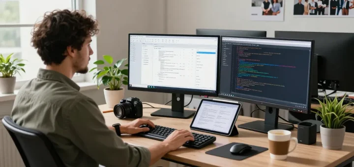 Innovative workspace featuring RTIscheduler.co.uk software on dual monitors, showcasing a modern tech environment.