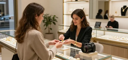 achat or bruxelles : experte évaluant des bijoux en or dans un magasin raffiné à Bruxelles