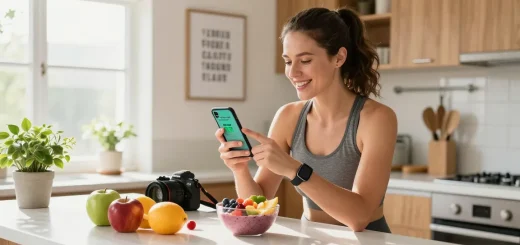 Woman using the best calorie tracker app while preparing a healthy breakfast in a bright kitchen.