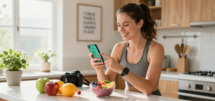Woman using the best calorie tracker app while preparing a healthy breakfast in a bright kitchen.