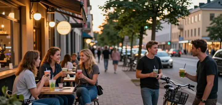 Where can I legally buy weed in Finland? Group of young adults discussing cannabis culture at a café in Helsinki.