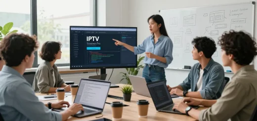Das Bild zeigt ein Team von Entwicklern, die an der IPTV Smarters Pro Software in einem modernen Büro zusammenarbeiten.